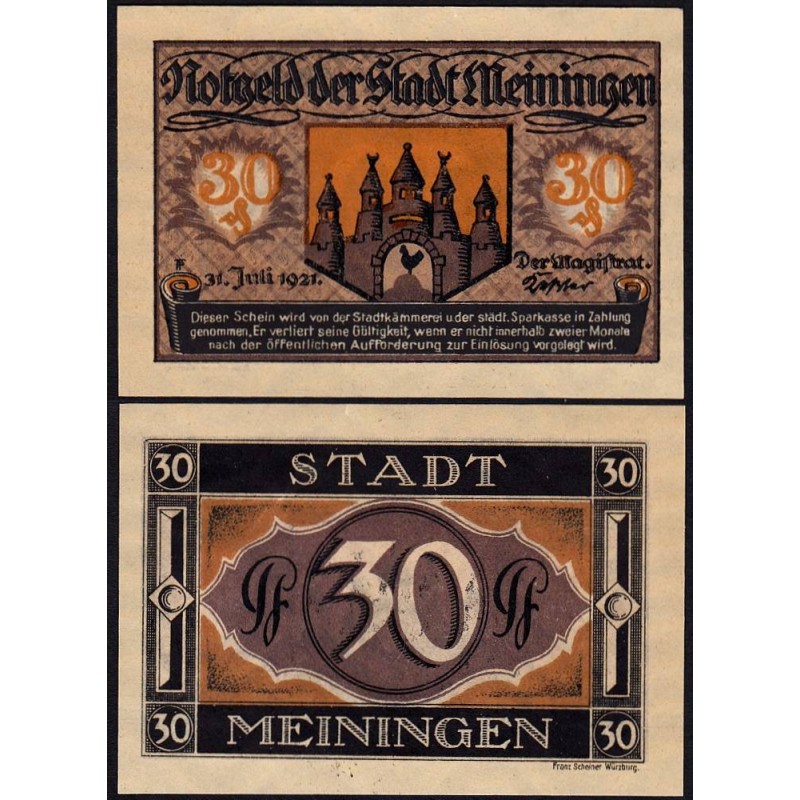 Allemagne - Notgeld - Meiningen - 30 pfennig - 31/07/1921 - Etat : SPL+