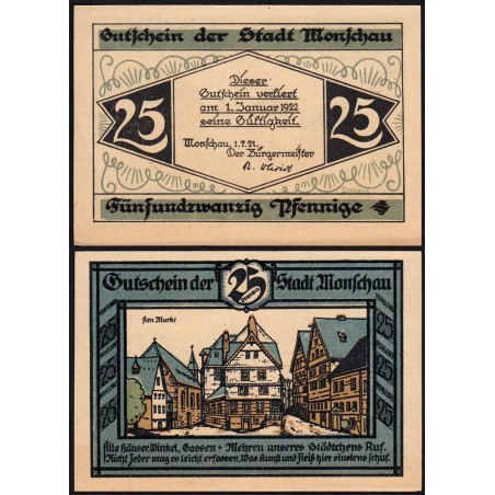 Allemagne - Notgeld - Monschau - 25 pfennig - Type 1 - 01/07/1921 - Etat  :pr. NEUF