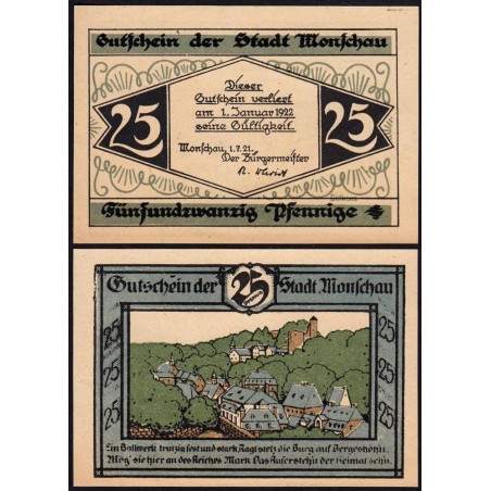 Allemagne - Notgeld - Monschau - 25 pfennig - Type 1 - 01/07/1921 - Etat : NEUF