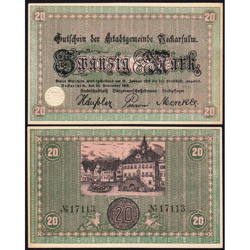 Allemagne - Notgeld - Neckarsulm - 20 mark - 15/11/1918 - Etat : NEUF