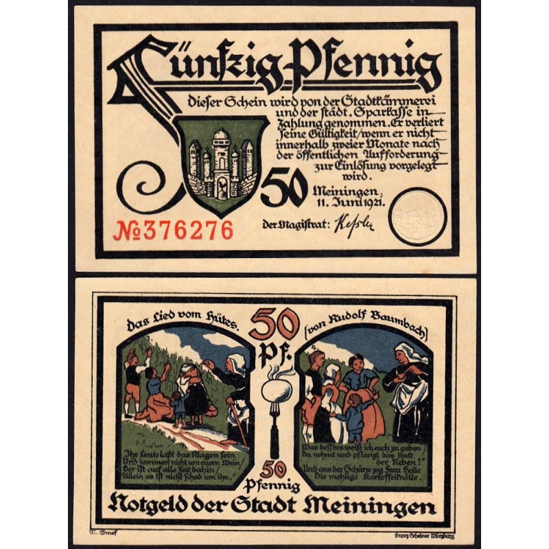 Allemagne - Notgeld - Meiningen - 50 pfennig - Type 1 - 11/06/1921 - Etat : NEUF