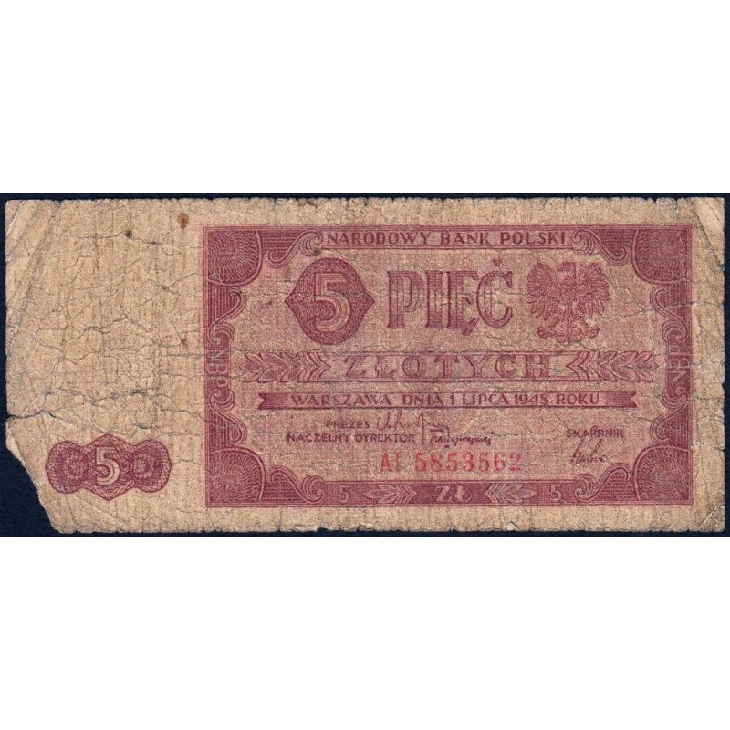 Pologne - Pick 135_2 - 5 zlotych - Série AI - 01/07/1948 - Etat : AB
