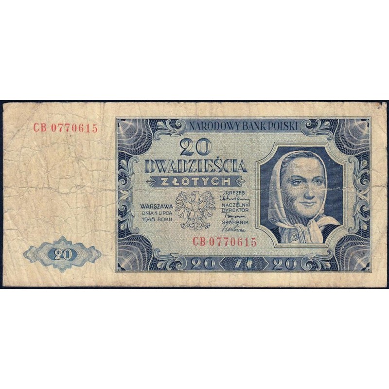 Pologne - Pick 137_3a1 - 20 zlotych - Série CB - 01/07/1948 - Etat : B