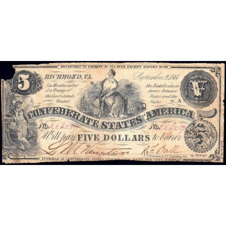 Etats Conf. d'Amérique - Pick 19c - 5 dollars - Seconde série - 02/09/1861 - Etat : B
