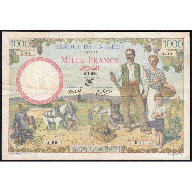 Algérie - Pick 86 - 1'000 francs - Série A.55 - 06/03/1941 - Etat : TTB-
