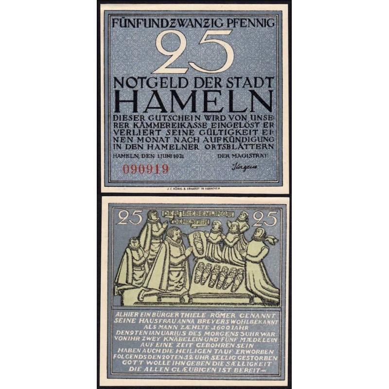 Allemagne - Notgeld - Hameln - 25 pfennig - 01/06/1921 - Etat : NEUF