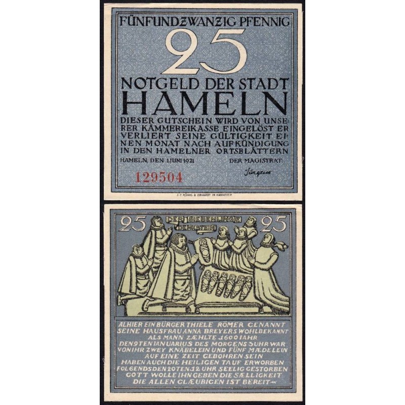 Allemagne - Notgeld - Hameln - 25 pfennig - 01/06/1921 - Etat : SPL