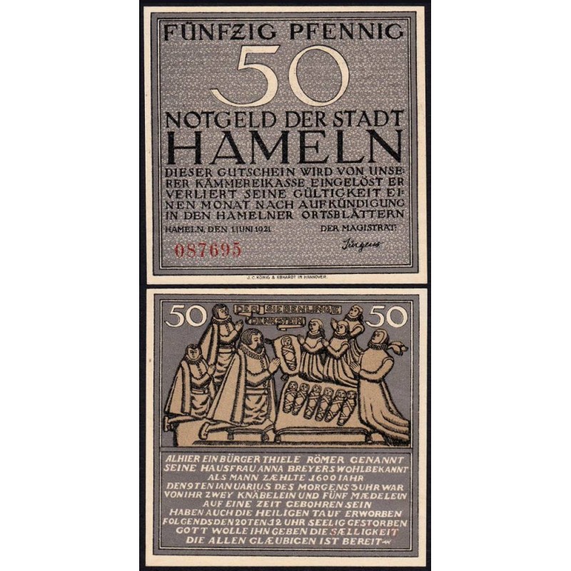 Allemagne - Notgeld - Hameln - 50 pfennig - 01/06/1921 - Etat : SPL