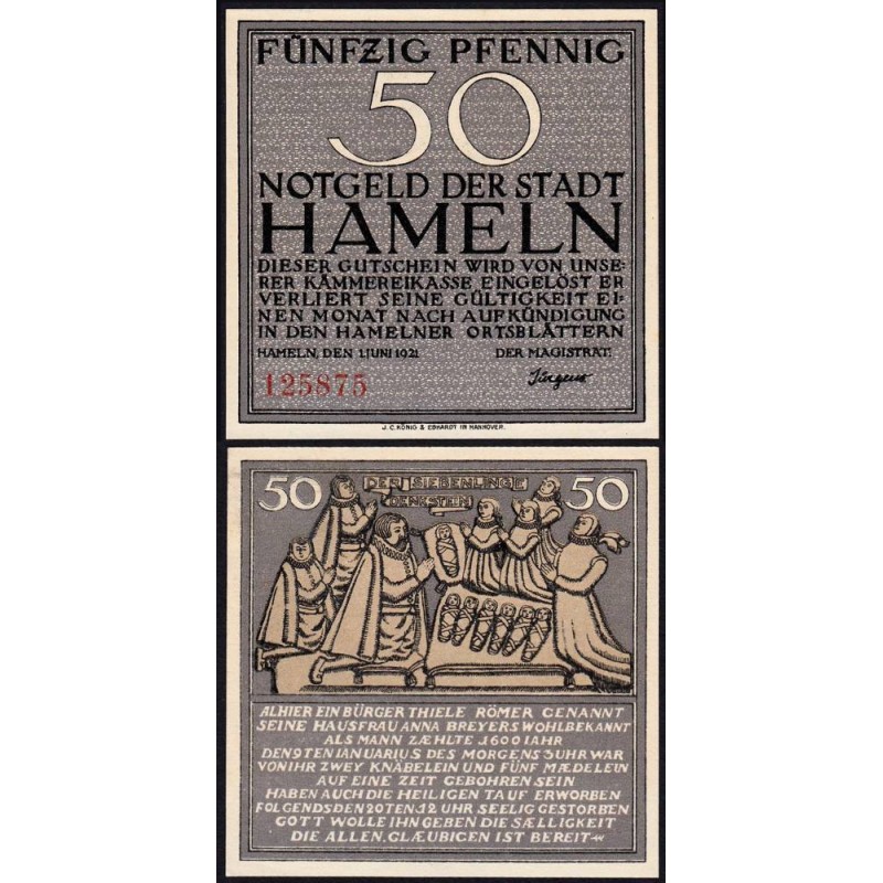 Allemagne - Notgeld - Hameln - 50 pfennig - 01/06/1921 - Etat : NEUF