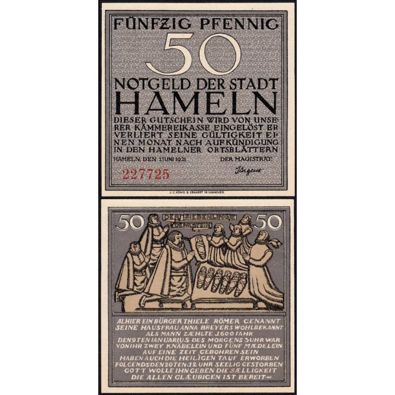 Allemagne - Notgeld - Hameln - 50 pfennig - 01/06/1921 - Etat : NEUF