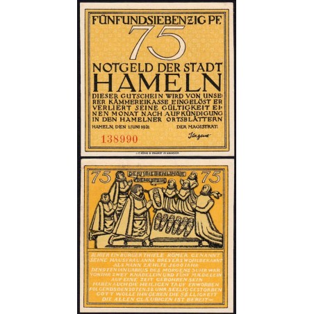 Allemagne - Notgeld - Hameln - 75 pfennig - 01/06/1921 - Etat : pr.NEUF