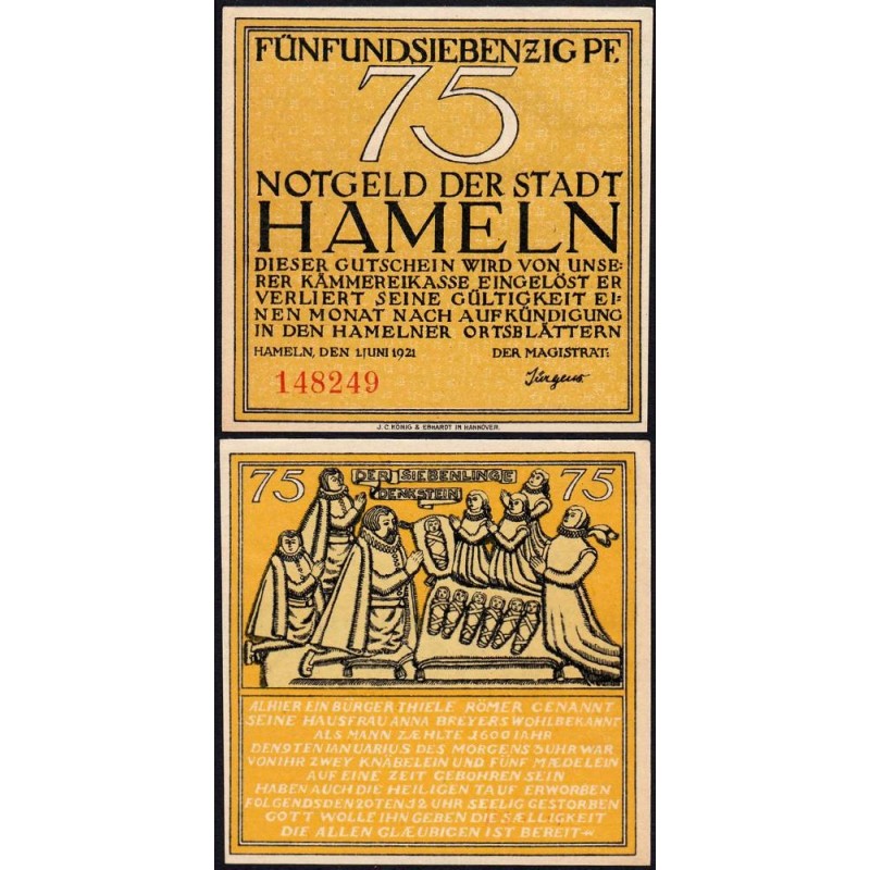 Allemagne - Notgeld - Hameln - 75 pfennig - 01/06/1921 - Etat : SPL