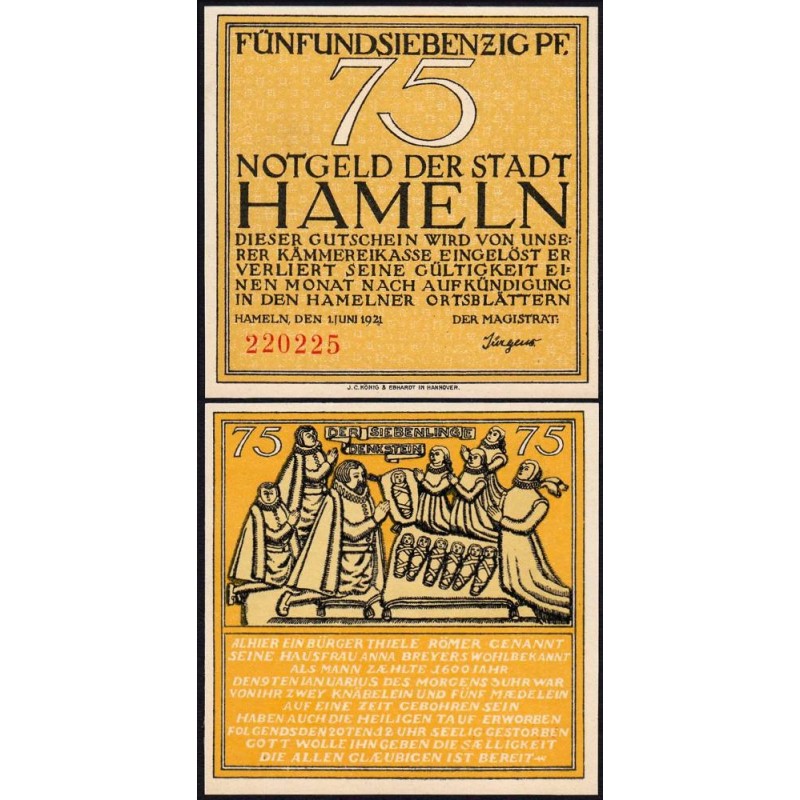 Allemagne - Notgeld - Hameln - 75 pfennig - 01/06/1921 - Etat : NEUF