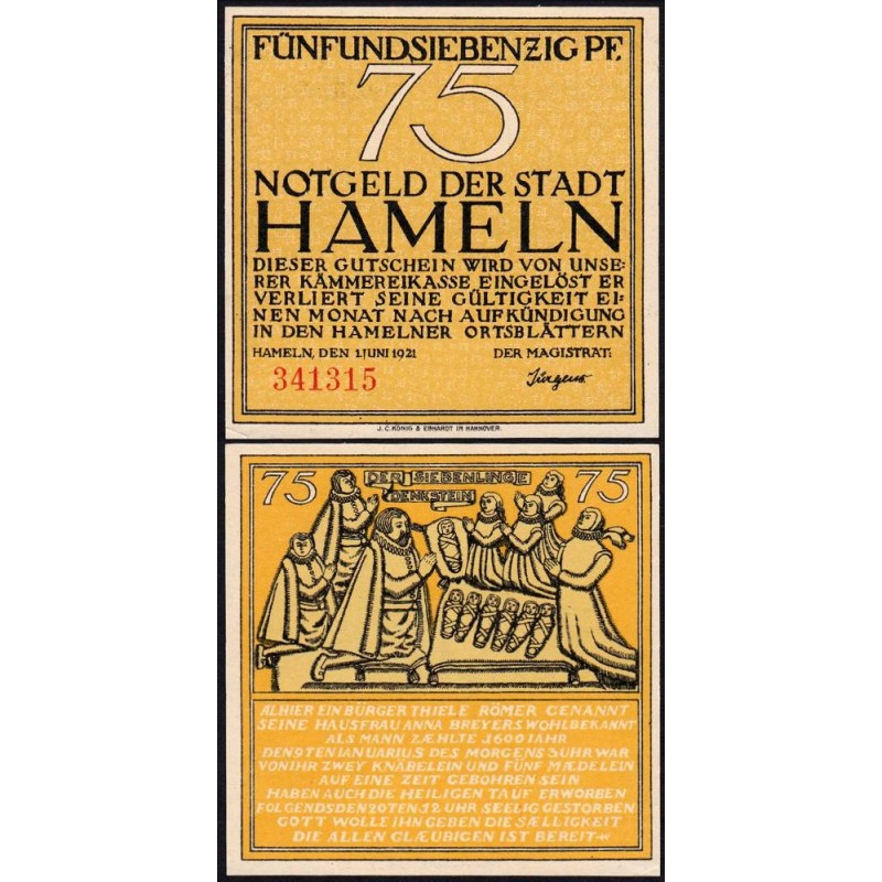 Allemagne - Notgeld - Hameln - 75 pfennig - 01/06/1921 - Etat : SPL