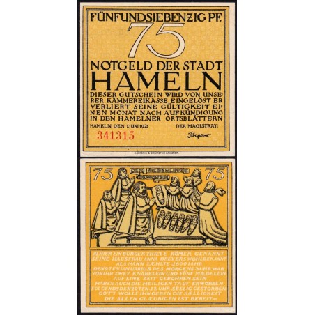 Allemagne - Notgeld - Hameln - 75 pfennig - 01/06/1921 - Etat : SPL