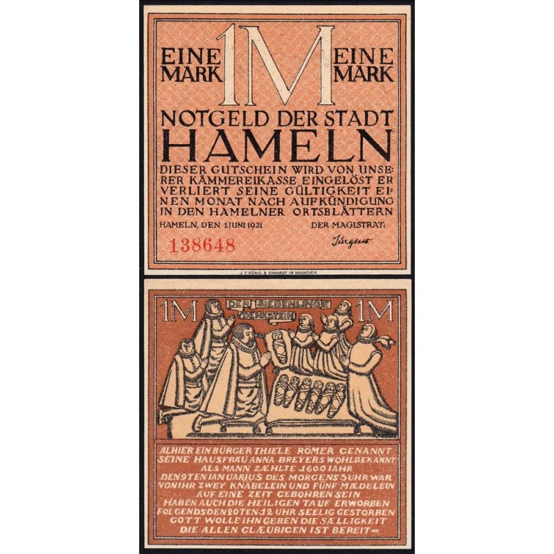 Allemagne - Notgeld - Hameln - 1 mark - 01/06/1921 - Etat : SPL