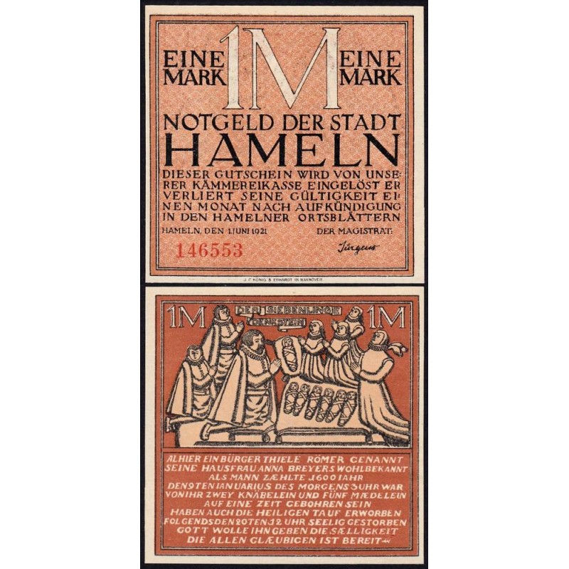 Allemagne - Notgeld - Hameln - 1 mark - 01/06/1921 - Etat : SPL