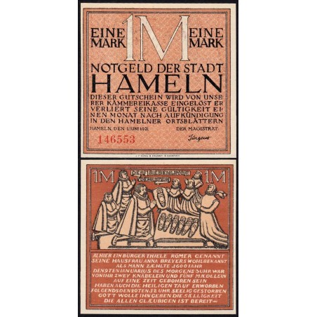Allemagne - Notgeld - Hameln - 1 mark - 01/06/1921 - Etat : SPL