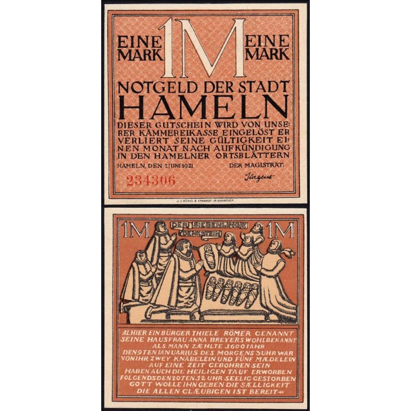 Allemagne - Notgeld - Hameln - 1 mark - 01/06/1921 - Etat : NEUF