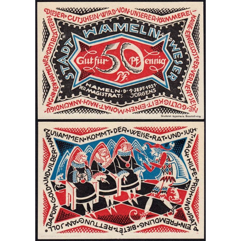 Allemagne - Notgeld - Hameln - 50 pfennig - Type 2 - 01/09/1921 - Etat : NEUF