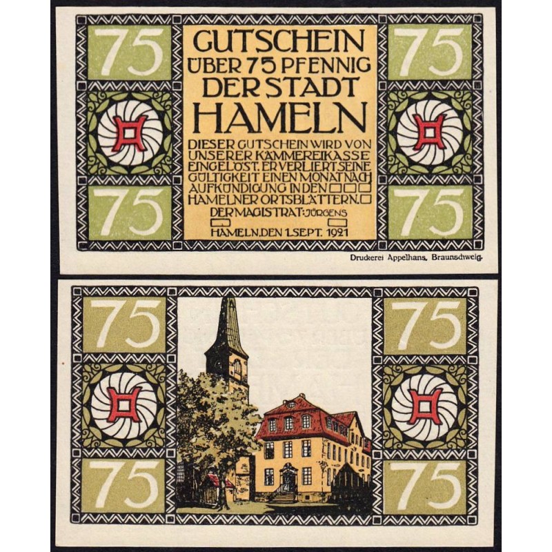 Allemagne - Notgeld - Hameln - 75 pfennig - Type 1 - 01/09/1921 - Etat : NEUF