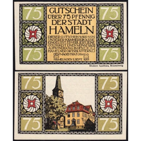 Allemagne - Notgeld - Hameln - 75 pfennig - Type 1 - 01/09/1921 - Etat : NEUF