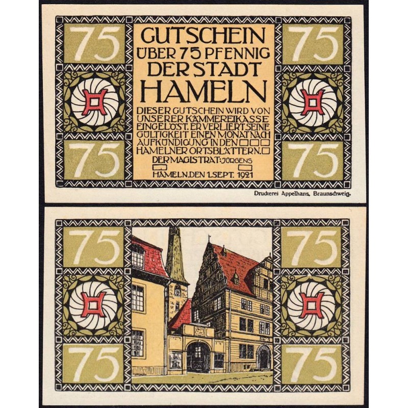 Allemagne - Notgeld - Hameln - 75 pfennig - Type 2 - 01/09/1921 - Etat : NEUF