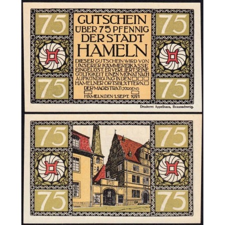 Allemagne - Notgeld - Hameln - 75 pfennig - Type 2 - 01/09/1921 - Etat : NEUF