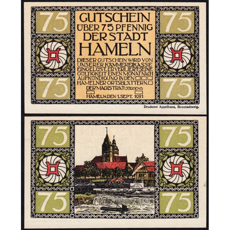Allemagne - Notgeld - Hameln - 75 pfennig - Type 3 - 01/09/1921 - Etat : NEUF