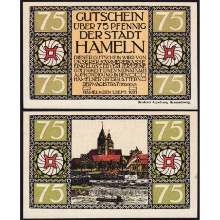 Allemagne - Notgeld - Hameln - 75 pfennig - Type 3 - 01/09/1921 - Etat : NEUF