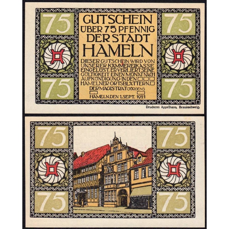 Allemagne - Notgeld - Hameln - 75 pfennig - Type 4 - 01/09/1921 - Etat : NEUF
