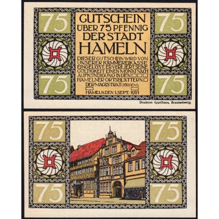 Allemagne - Notgeld - Hameln - 75 pfennig - Type 4 - 01/09/1921 - Etat : NEUF
