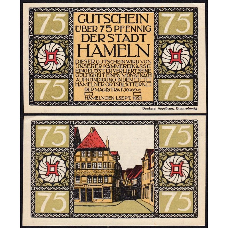 Allemagne - Notgeld - Hameln - 75 pfennig - Type 5 - 01/09/1921 - Etat : SPL