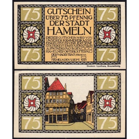 Allemagne - Notgeld - Hameln - 75 pfennig - Type 5 - 01/09/1921 - Etat : SPL
