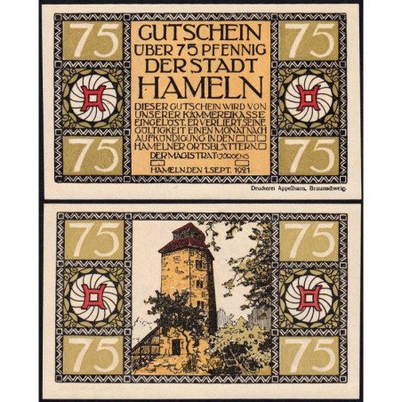 Allemagne - Notgeld - Hameln - 75 pfennig - Type 6 - 01/09/1921 - Etat : NEUF