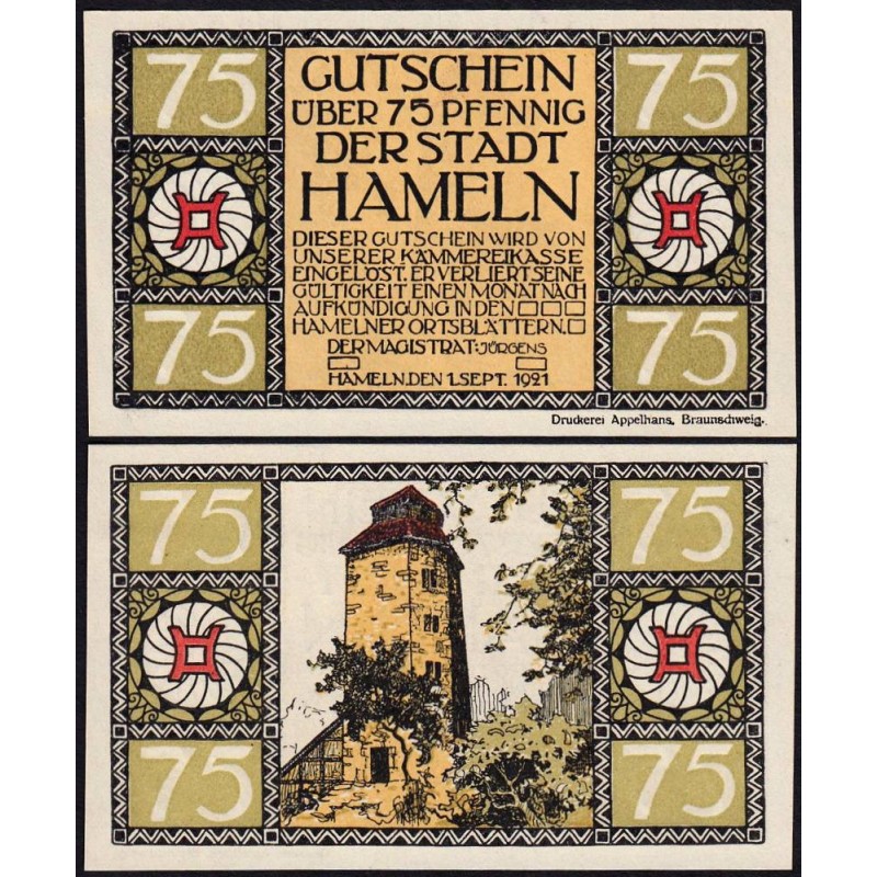 Allemagne - Notgeld - Hameln - 75 pfennig - Type 6 - 01/09/1921 - Etat : NEUF