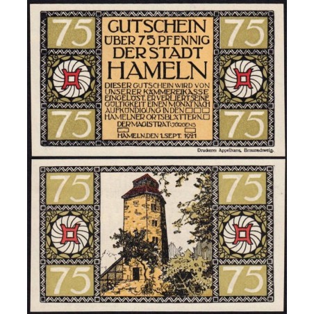 Allemagne - Notgeld - Hameln - 75 pfennig - Type 6 - 01/09/1921 - Etat : NEUF