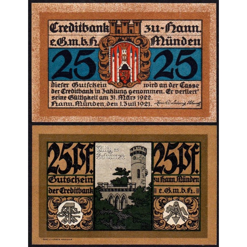 Allemagne - Notgeld - Hann Münden - 25 pfennig - 01/07/1921 - Etat : NEUF