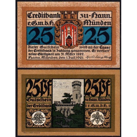 Allemagne - Notgeld - Hann Münden - 25 pfennig - 01/07/1921 - Etat : NEUF