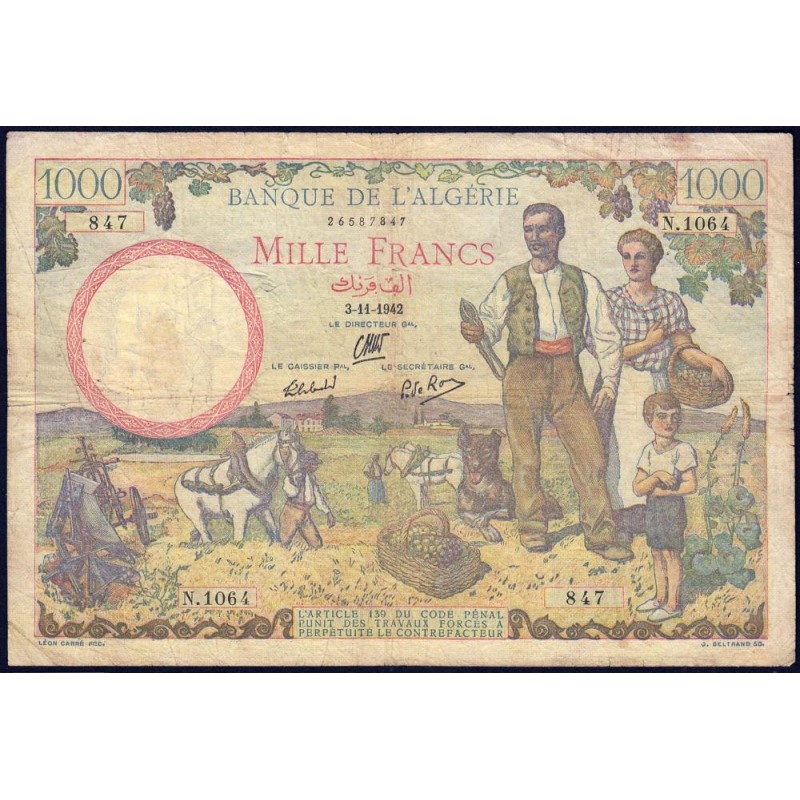 Algérie - Pick 86 - 1'000 francs - Série N.1064 - 03/11/1942 - Etat : TB-