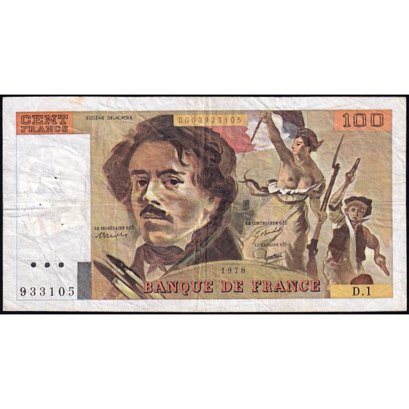 F 68-01 - 1978 - 100 francs - Delacroix - Série D.1 - Etat : TB