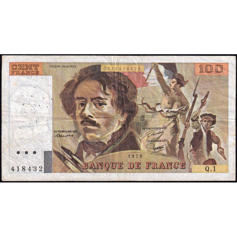F 68-01 - 1978 - 100 francs - Delacroix - Série Q.1 - Etat : TB-