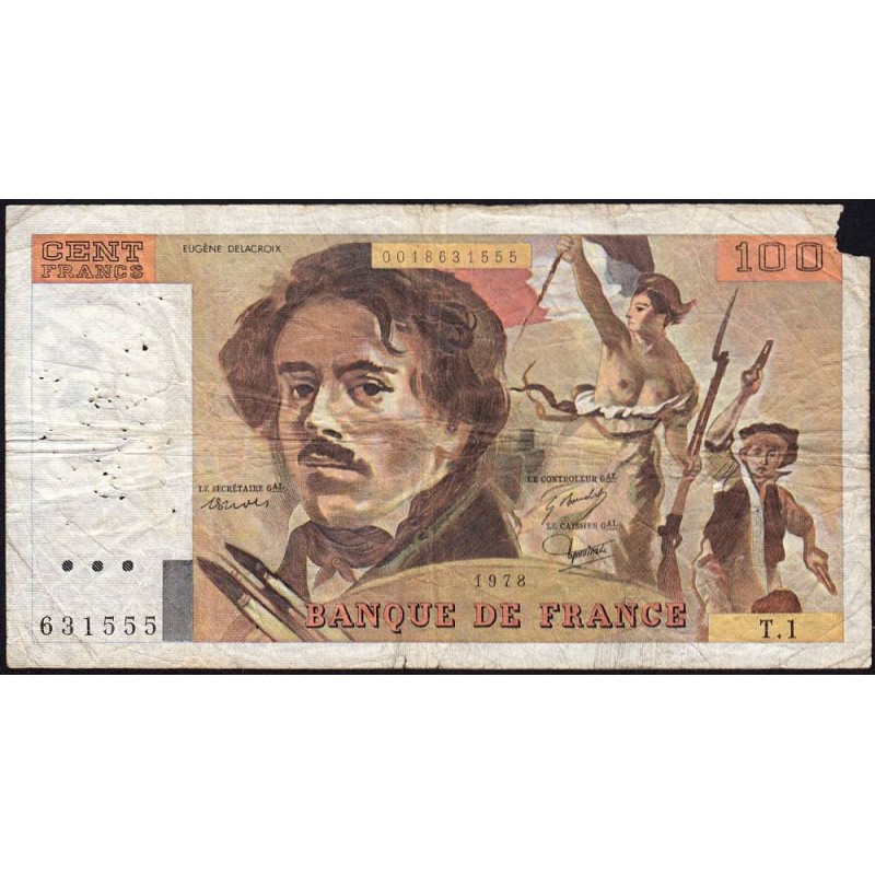 F 68-01 - 1978 - 100 francs - Delacroix - Série T.1 - Etat : B-