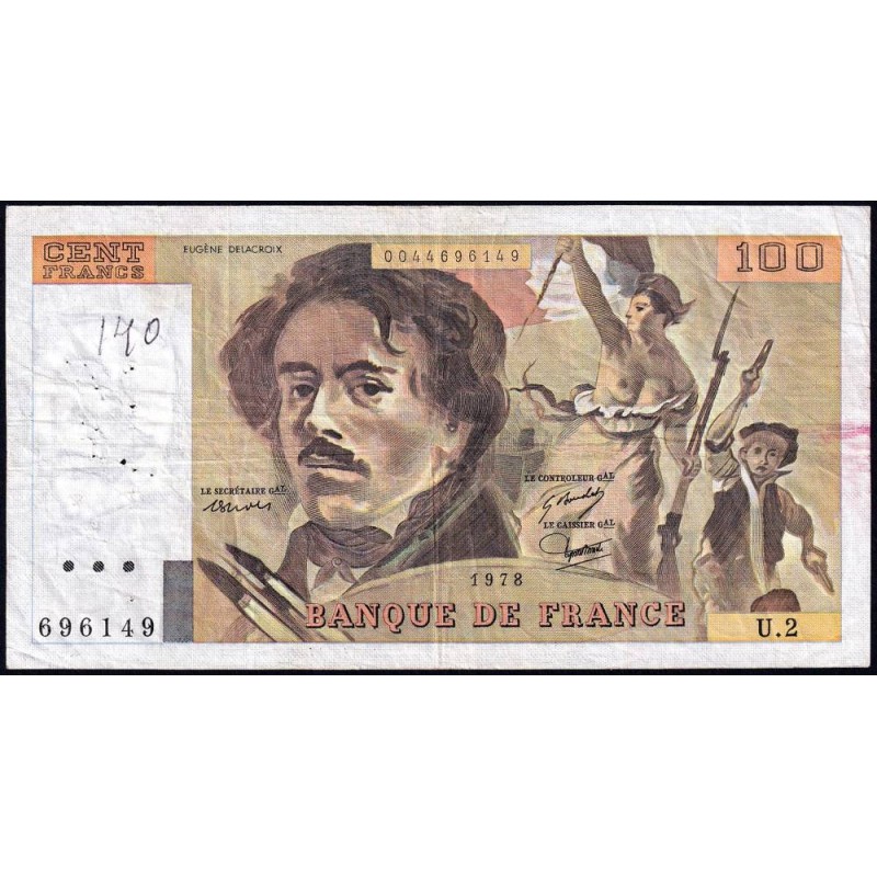F 68-02 - 1978 - 100 francs - Delacroix - Série U.2 - Etat : TB-