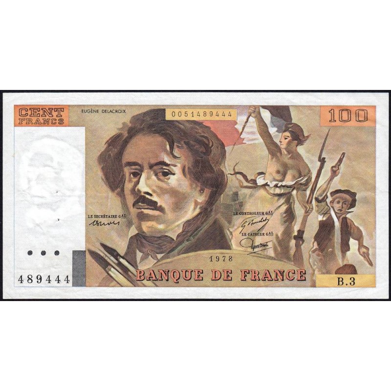 F 68-03 - 1978 - 100 francs - Delacroix - Série B.3 - Etat : TTB- à TTB