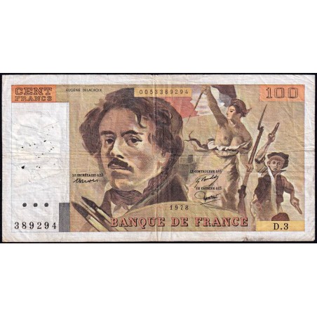 F 68-03 - 1978 - 100 francs - Delacroix - Série D.3 - Etat : B
