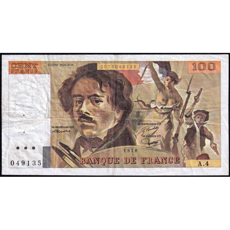 F 68-04 - 1978 - 100 francs - Delacroix - Série A.4 - Etat : TB- à TB
