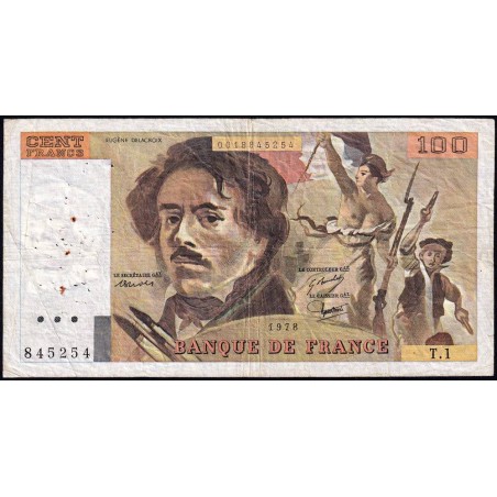 F 68-01 - 1978 - 100 francs - Delacroix - Série T.1 - Etat : TB-