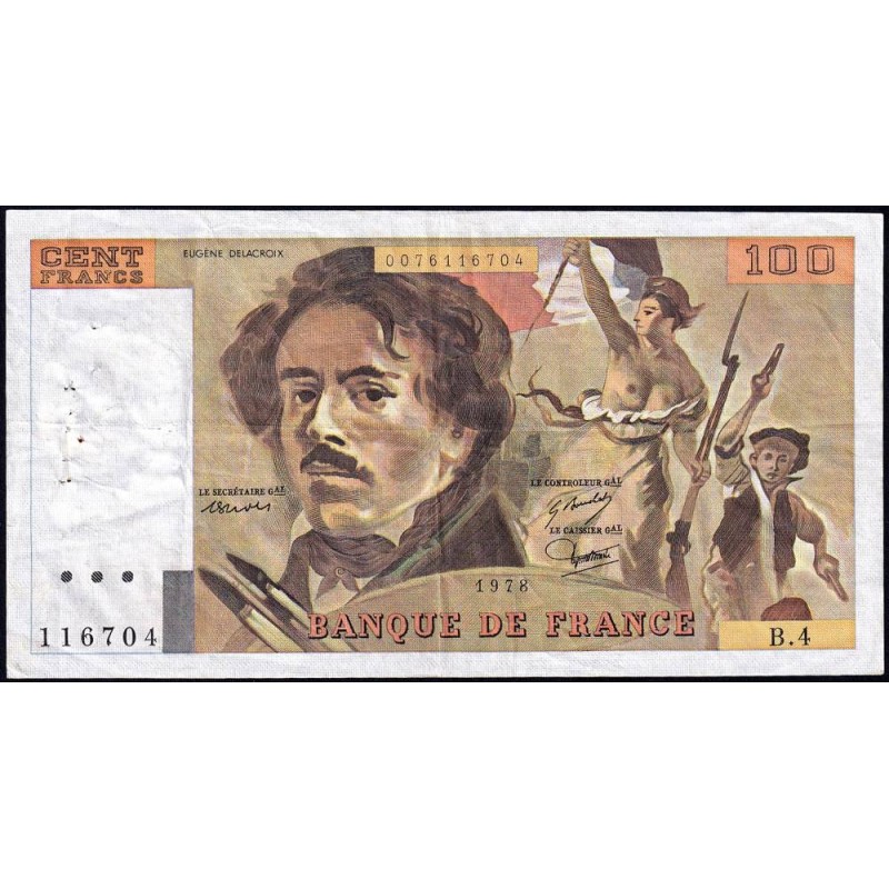 F 69-01c - 1978 - 100 francs - Delacroix - Série B.4 - Etat : TB+
