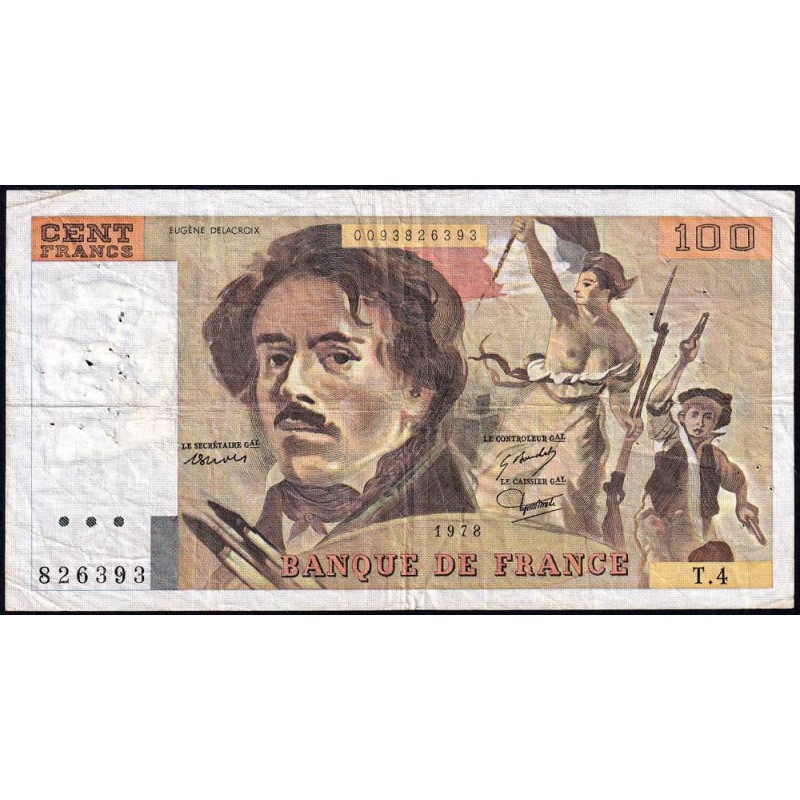 F 69-01c - 1978 - 100 francs - Delacroix - Série T4 - Etat : TB-